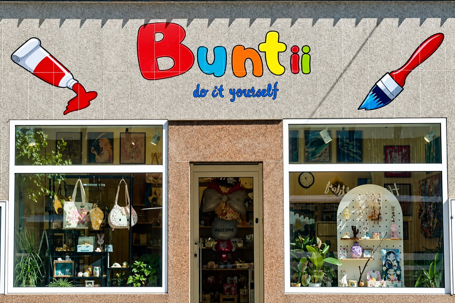 Ladenfront von Buntii DIY mit regenbogenfarbenem Schild und zwei Schaufenstern